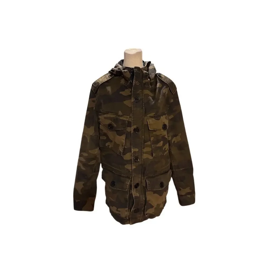 Banana Republic Military Field Jacket Mens S Green Camo Hooded 4-Pocket